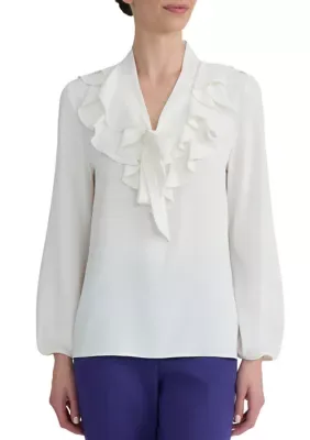 Long Sleeve Ruffle Front Tie Neck Blouse
