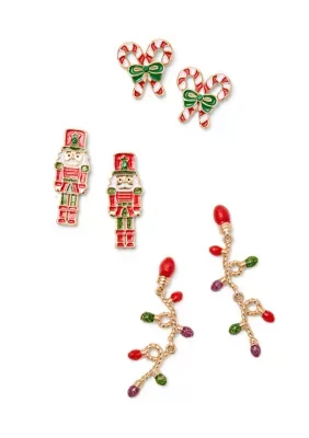 Candy Cane, Nutcracker & Holiday Lights Stud Earrings Set