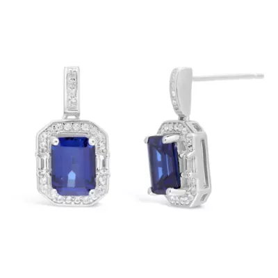 Lab Created Emerald-Cut Blue Sapphire Drop Earrings in Sterling Silver by Gemminded