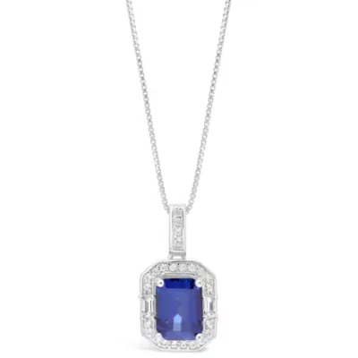 Lab Created Emerald-Cut Blue Sapphire Halo Pendant Necklace in Sterling Silver, 18 In by Gemminded