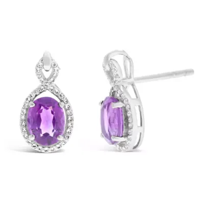 Amethyst and White Topaz Oval Halo Stud Earrings in Sterling Silver by Gemminded