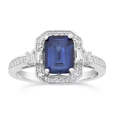 Lab Created Blue and White Sapphire Halo Ring in Sterling Silver by Gemminded
