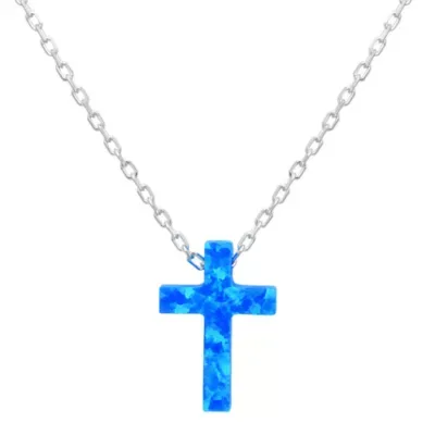 Lab Created Blue Opal Cross Pendant Necklace in Sterling Silver, 18 In by Gemminded