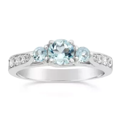 Aquamarine Three Stone Ring with Diamond Accents in 10K White Gold by Gemminded