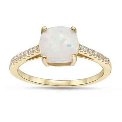 Lab Created Opal Cushion Ring with White Sapphire Accents in Gold Plated Sterling Silver