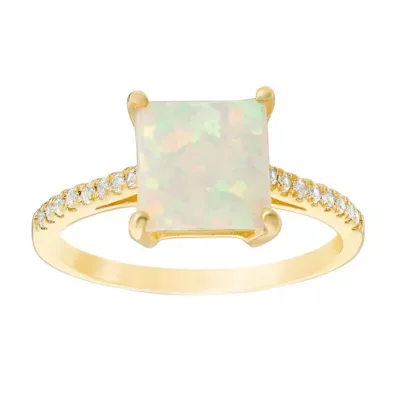 Lab Created Opal Square Ring with White Sapphire Accents in Gold Plated Sterling Silver