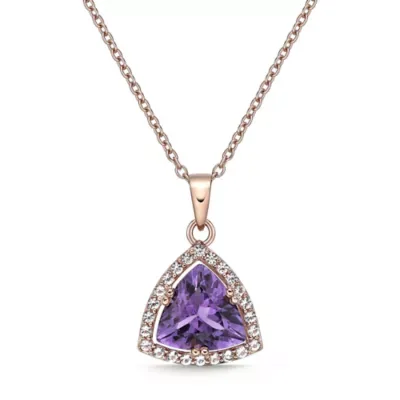 Trillion-Cut Amethyst Halo Pendant Necklace in Rose Gold-Plated Sterling Silver, 18 In