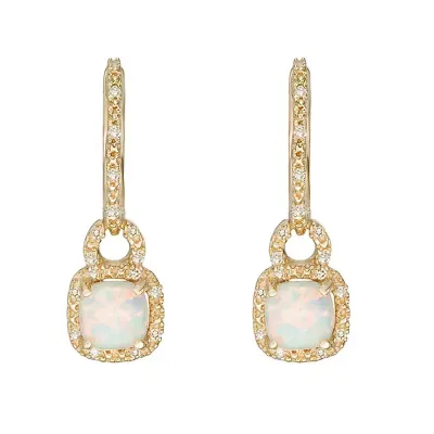 Lab Created Opal Diamond Hoop Drop Earrings in 10K Yellow Gold by Gemminded