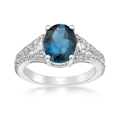 Lab Created Oval Gemstone and White Topaz Split Shank Ring in Sterling Silver by Gemminded