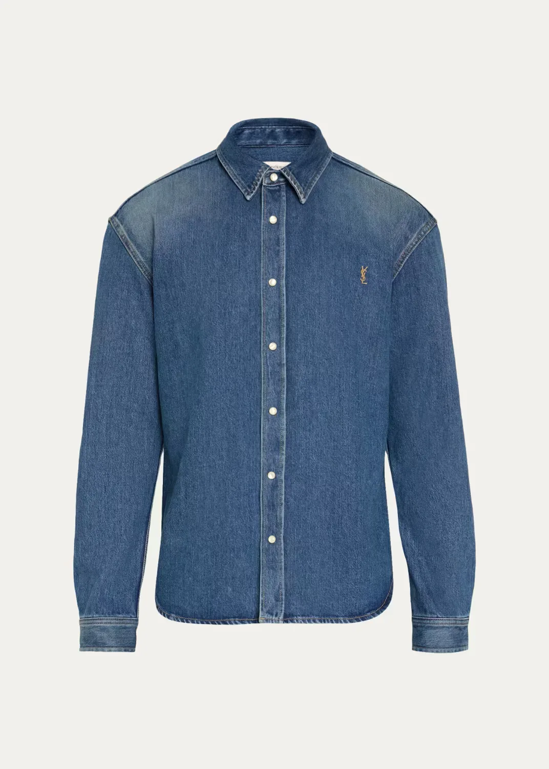 YSL-Embroidered Button-Front Shirt in Denim