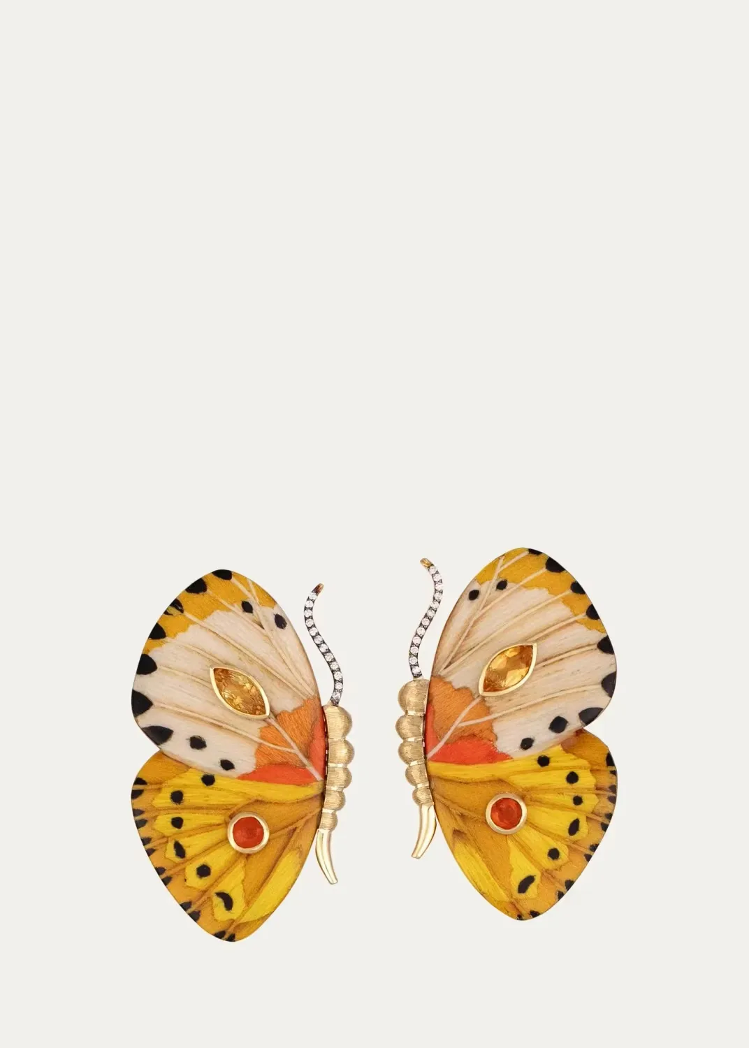 18K Yellow Gold Small Butterfly Wing Yellow Marquetry Earrings with Diamonds, Citrine and Fire Opal