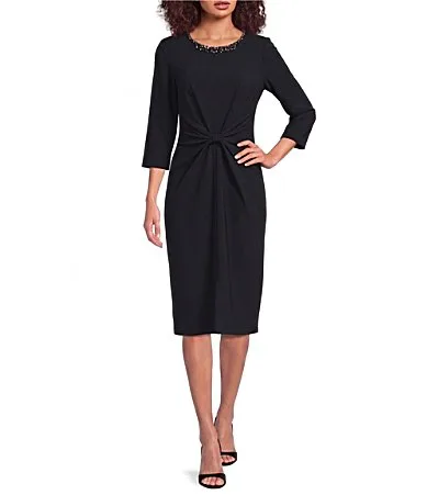 Crepe 3/4 Sleeve Twist Front Beaded Boat Neck Shift Dress