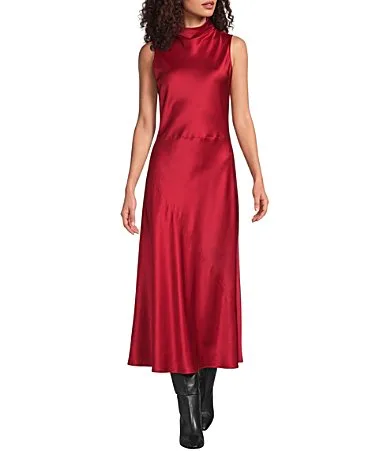 Stretch Silk Charmeuse Cowl Neck Sleeveless A-Line Long Dress