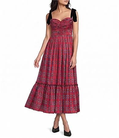 Plaid Sweetheart Neck Tie Strap Bustier Midi Dress