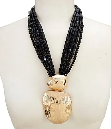Multi Row Beaded Metal Drop Short Pendant Statement Necklace