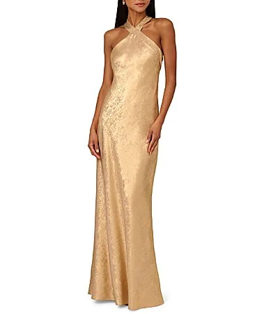 Foiled Woven Halter Neck Sleeveless Back Neck Tail Sheath Dress
