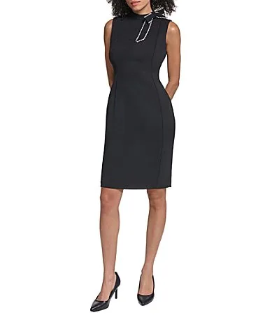Pearl Trim Bow Neck Dress