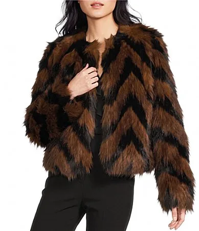 Faux Fur Chevron Pattern Collarless Front Hook Coat