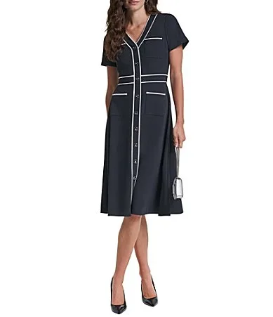 Scuba Crepe Contrast Button Front Midi Dress