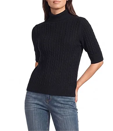 Cable Stitch Knit Ribbed Turtleneck Elbow Sleeve Sweater