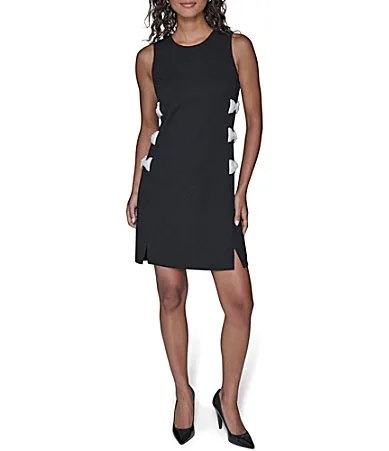 KARL Lagerfeld PARIS Scuba Crepe Sleeveless Rhinestone Bow Side Sheath Dress