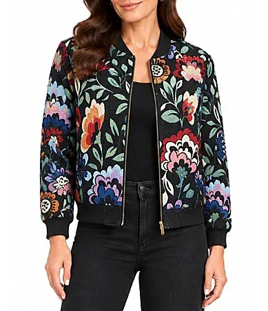 Woven Jacquard All Over Beading Floral Printed Round Collar Long Sleeve Jacket