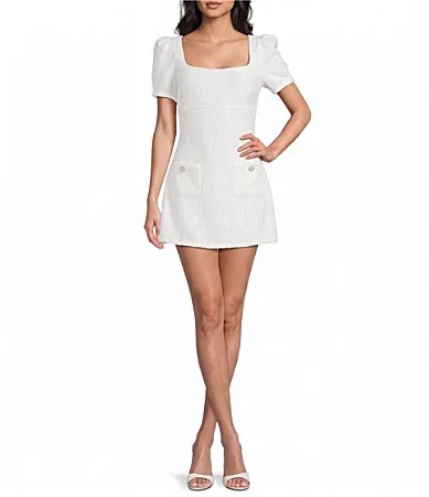 Square Neck Puff Sleeve Boucle Dress