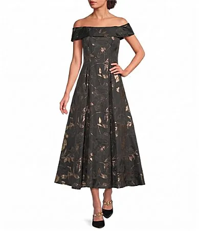 Jacquard Metallic Floral Print Off the Shoulder Midi Gown