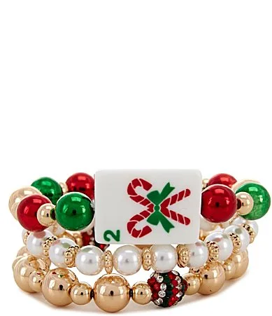 Candy Cane Mahjong Resin Beaded Stretch Bracelet Set by Merry & Bright