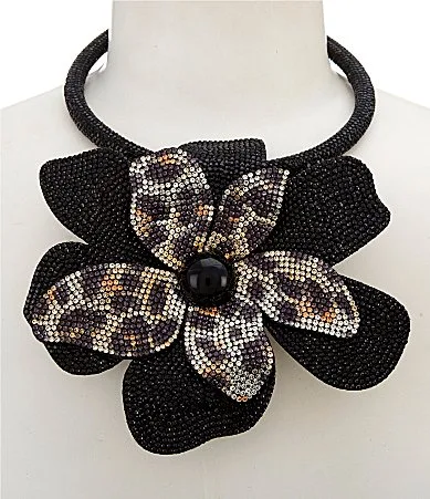 Crystal Flower Leopard Short Pendant Statement Necklace by Natasha Accessories
