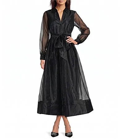 V Neck Long Sleeve Organza Midi Dress