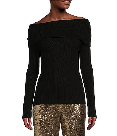 Whitney Ribbed Knit Folded Off-the-Shoulder Long Sleeve Sweater