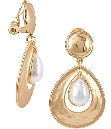 Round Metal Pearl Large Doorknocker Drop Clip Statement Earrings by Southern Living