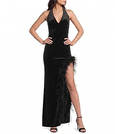Sleeveless Faux-Feather-Trimmed Side-Slit Dress