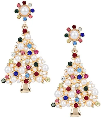 Holiday Pearl and Stone Tree Drop Earrings