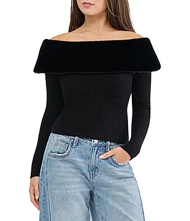 Stevie by Steve Madden Marilyn Faux Fur Collar Long Sleeve Sweater