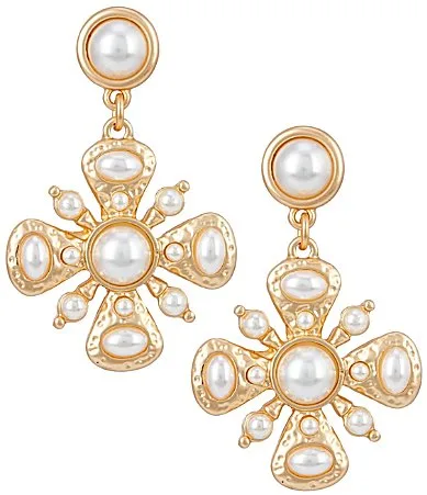 Pearl Round Stud Hammered Metal Cross Drop Earrings