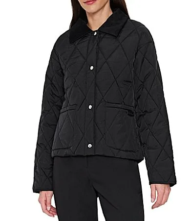 Quilted Pattern Corduroy Point Collar Cropped Jacket