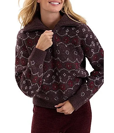 CozyChic FairIsle Print Half Zip Long Sleeve Pullover