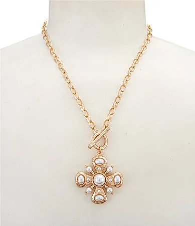 Pearl Hammered Metal Cross Short Pendant Necklace by Southern Living