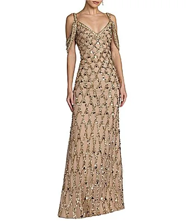 Mac Duggal Beaded Mesh Off the Shoulder Evening Gown