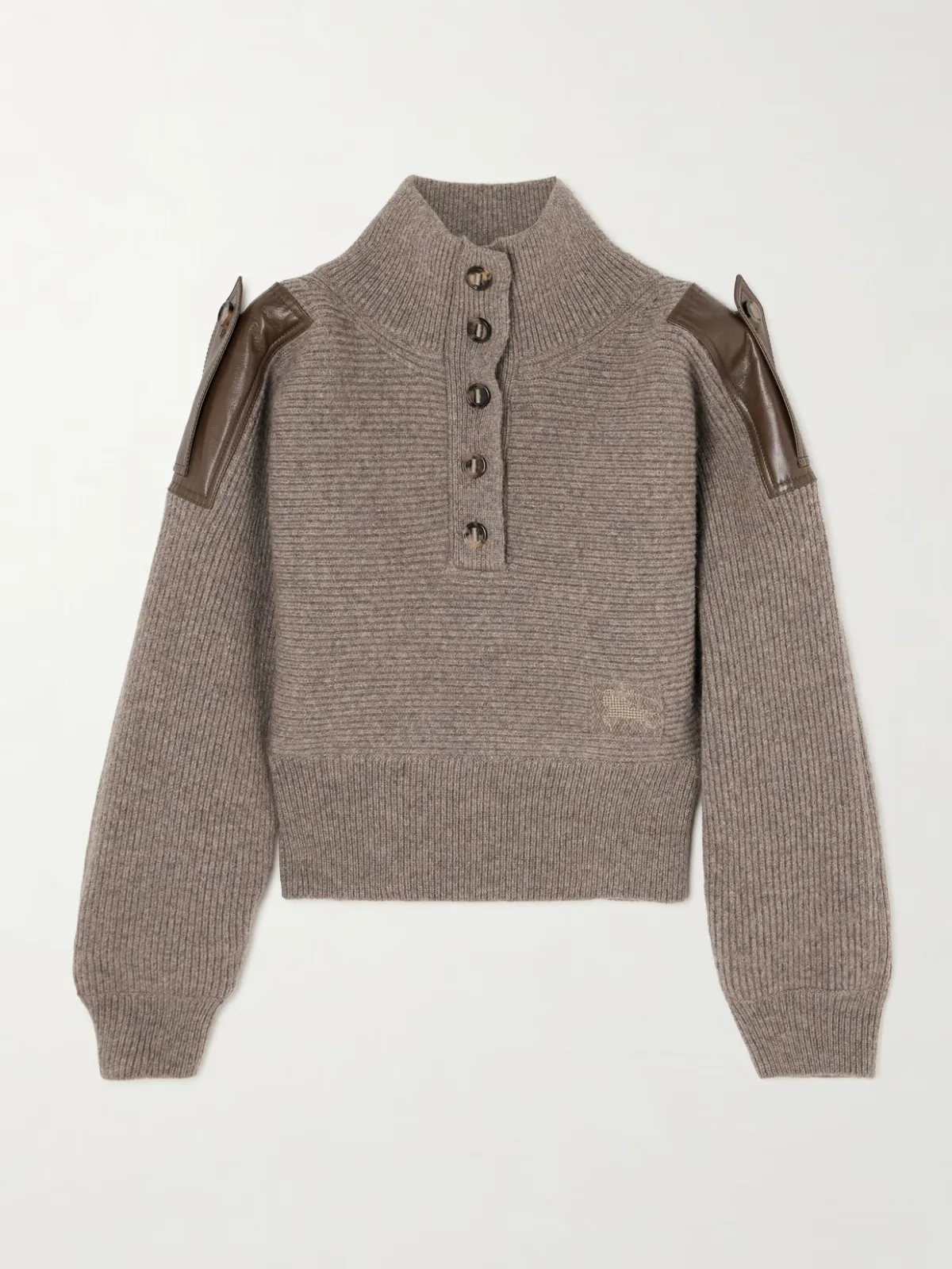 - Leather-trimmed Ribbed Wool Polo Sweater -