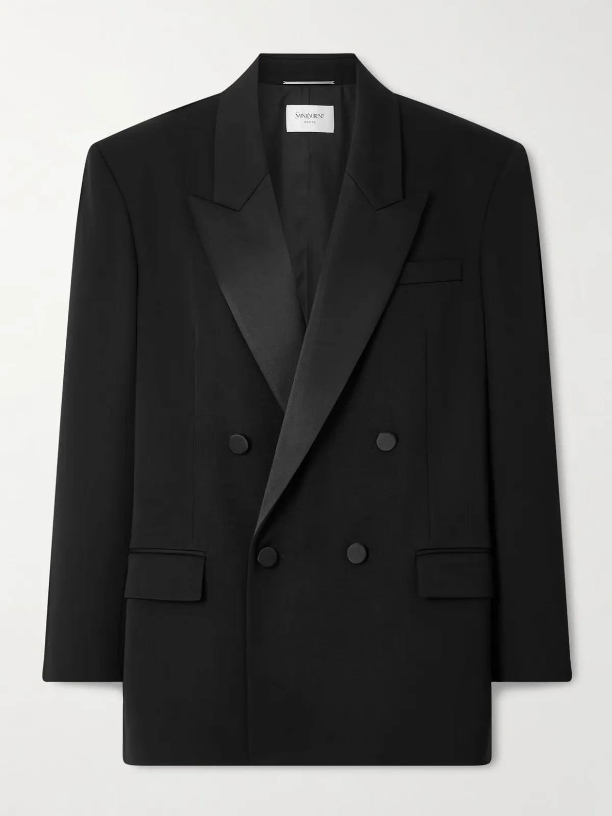 - Double-breasted Satin-trimmed Grain De Poudre Wool Blazer -