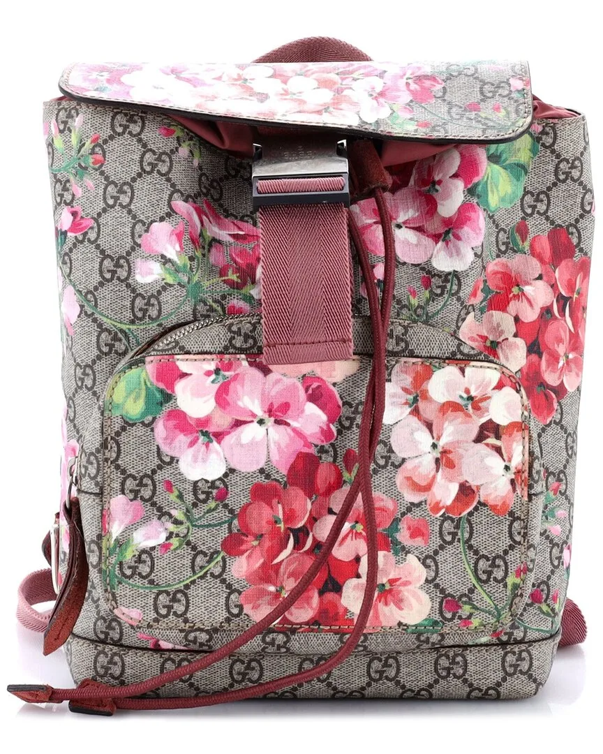 Brown Blooms Print Gg Coated Canvas Buckle Backpack Small (authentic Pre-Loved)