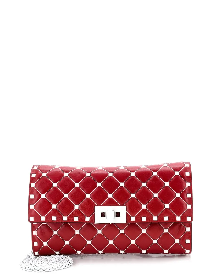 Red Quilted Leather Rockstud Spike Wallet on Chain Small (authentic Pre-Loved)