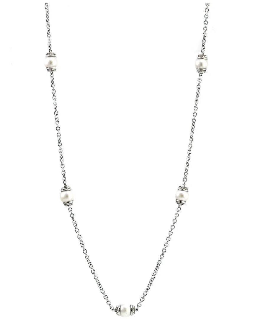 Silver & Stainless Steel 0.09 ct. tw. Diamond & 9-10Mm Pearl Necklace by Pearls