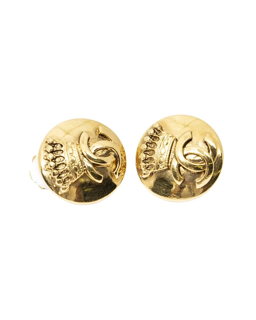 Plated Cc Crown Round Clip-On Earrings (authentic Pre-Loved) by CHANEL