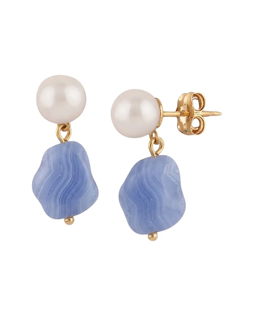 18K Plated 14.20 ct. tw. Blue Lace Agate & 6-8Mm Pearl Earrings by Liv Oliver