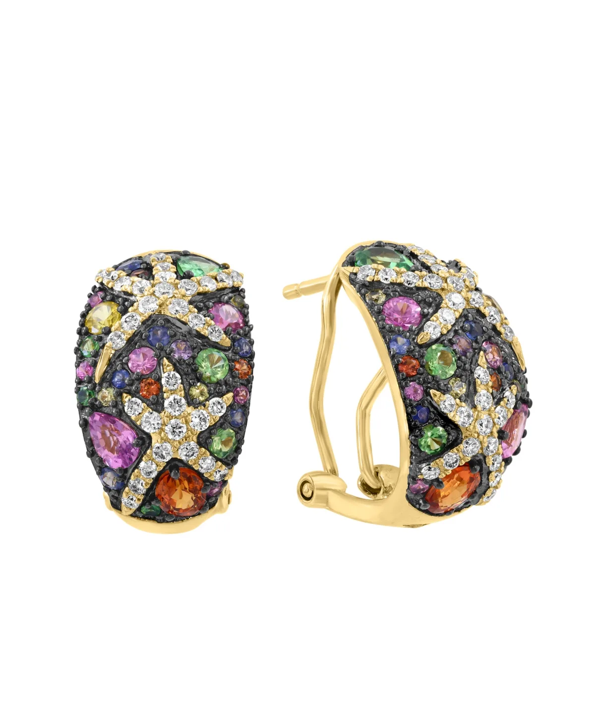 Diamond and Multi-Sapphire Huggie Earrings (1/2 ct. t.w. Diamond, 2-1/10 ct. t.w. Sapphire) in 14k Yellow Gold by Effy Collection