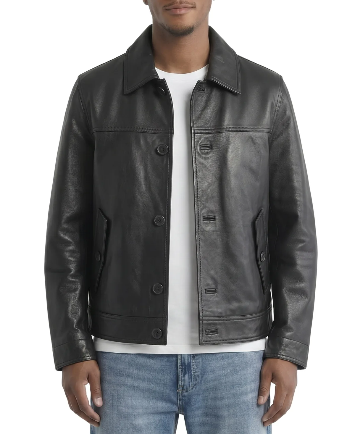 Camp Collar Regular Fit Leather Jacket